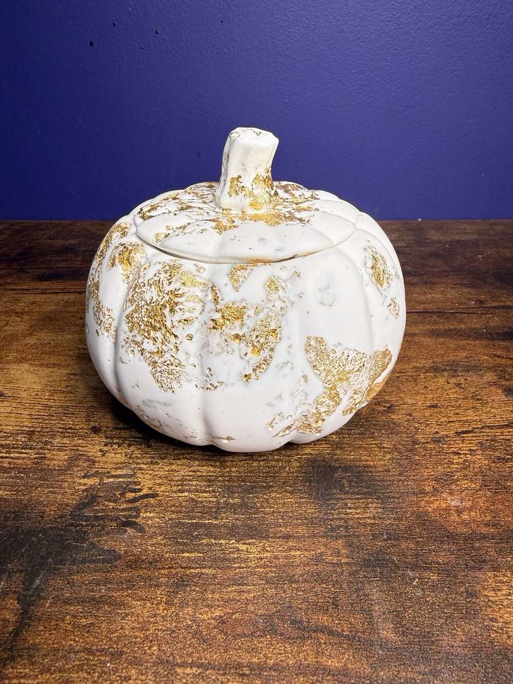 Handmade White And Gold Leaf Pumpkin Lidded Jar